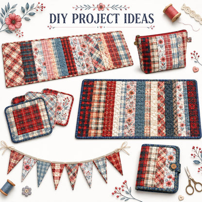 10pcs Vintage Plaid Red Floral Pattern Jelly Roll Fabric Strips 2.5X19.7inch Pre-Cut 100% Polyester For Patchwork Quilts, Table Runners, Placemats, Tote Bags, Storage Pouches, Makeup Bags, Coasters, Quilt Blocks & Binding