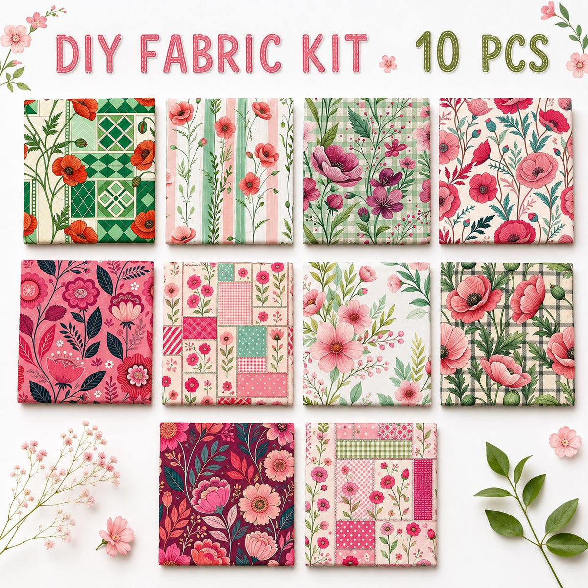 10Pc/Set Flower Series Stripe Dot Fat Quarter Fabric, Pre-Cut Square Fabric Assort, Fabric Set, Craft Fabric, Handmade DIY Patchwork Fabric,Home Quilting Sewing Fabric, Packaging Fabric, Scrapbooking Craft Hobbyist