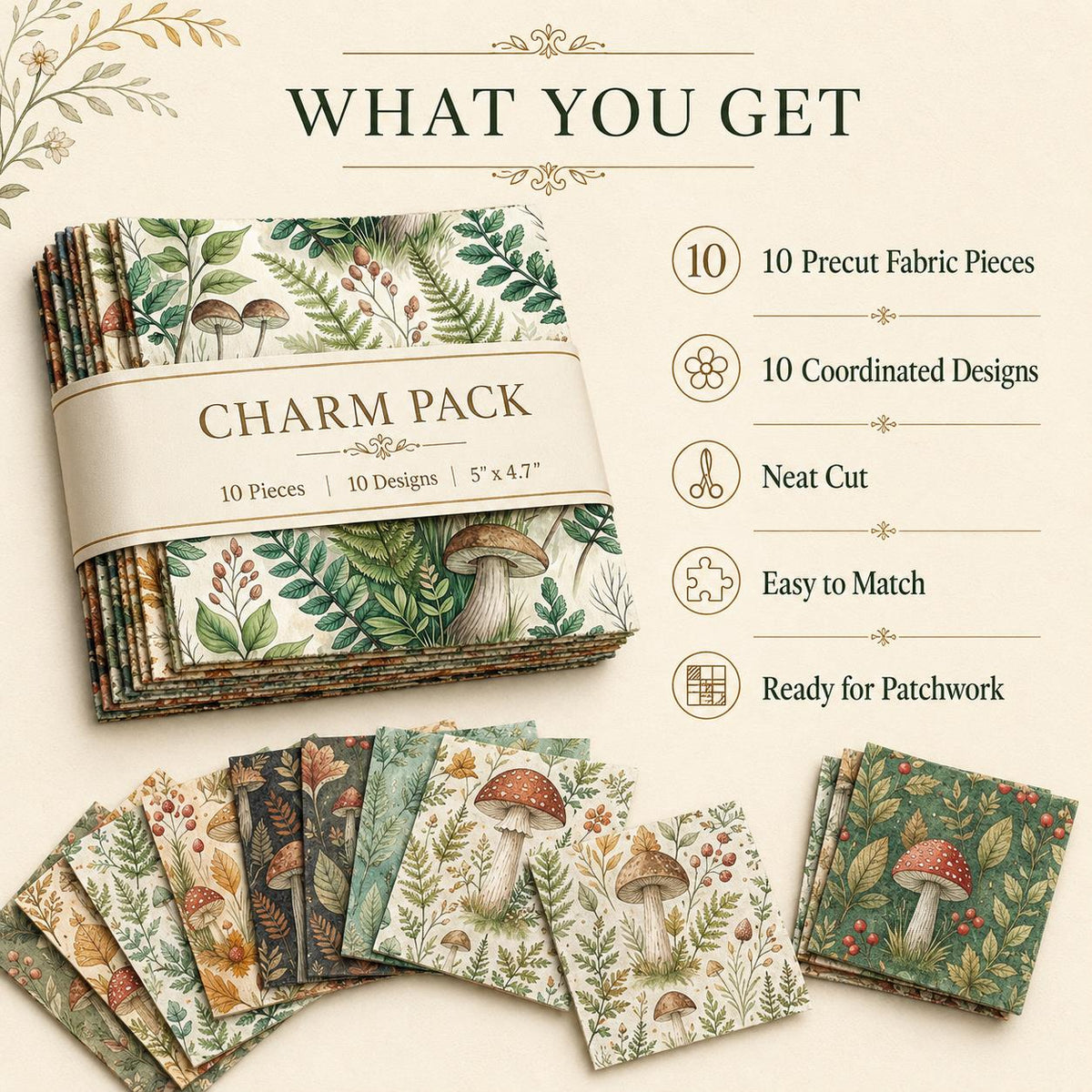 10pcs Charm Pack Set Mushroom Pattern Vintage Style Pattern Handmade DIY with Rich Color and Texture Elements 100% Polyester Patchwork in 10 Design Styles Suitable for Patchwork DIY Craft Projects DIY Wallet Making Gift Giving Bag Making