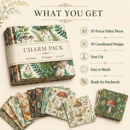 10pcs Charm Pack Set Mushroom Pattern Vintage Style Pattern Handmade DIY with Rich Color and Texture Elements 100% Polyester Patchwork in 10 Design Styles Suitable for Patchwork DIY Craft Projects DIY Wallet Making Gift Giving Bag Making