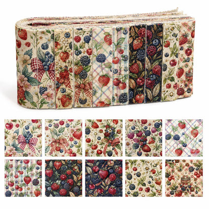 10pcs Vintage Strawberry Blueberry Floral Pattern Jelly Roll Fabric Strips 2.5X19.7inch Pre-Cut 100% Polyester For Patchwork Quilts, Table Runners, Placemats, Tote Bags, Storage Pouches, Makeup Bags, Coasters, Quilt Blocks & Binding