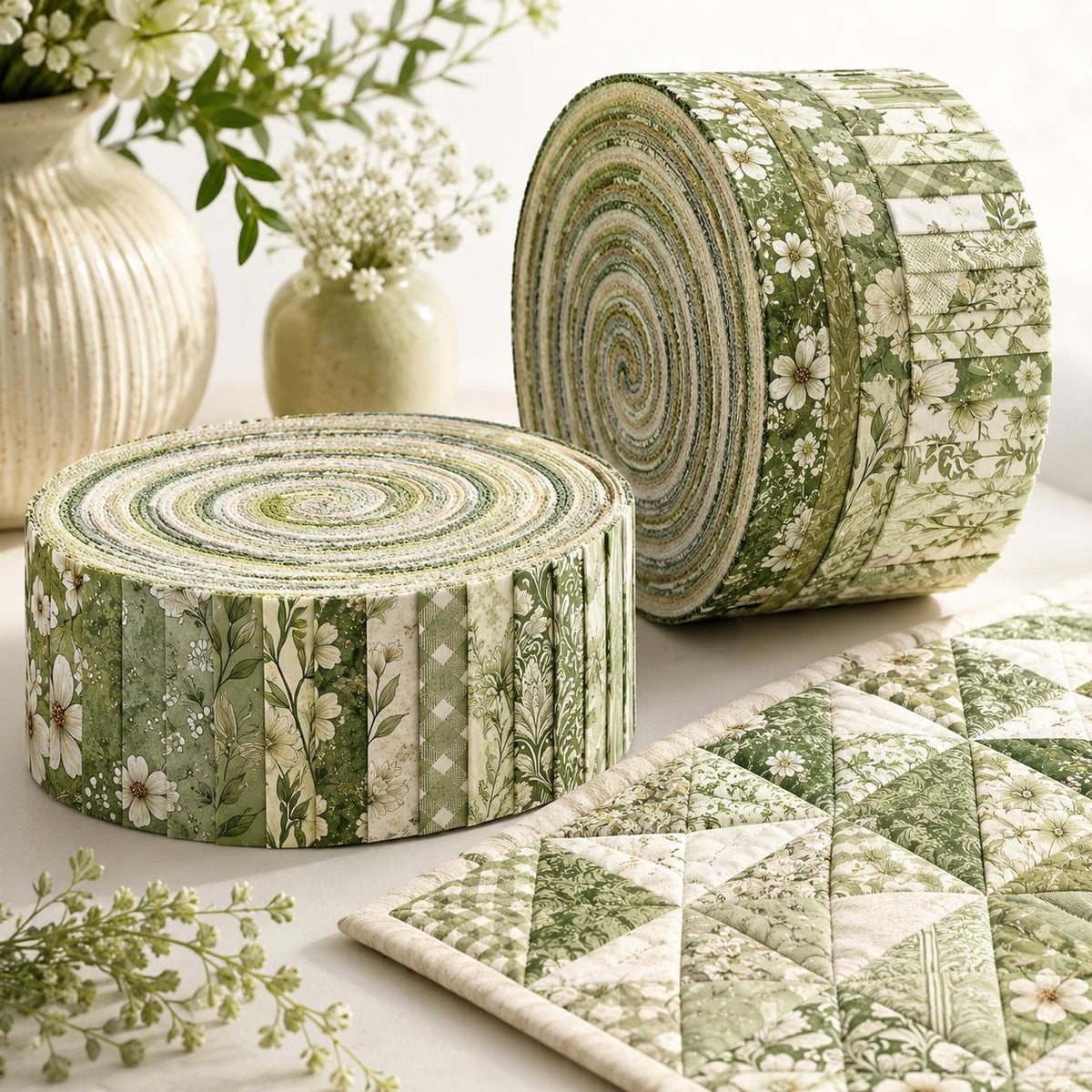 10pcs Vintage Green Floral Pattern Jelly Roll Fabric Strips 2.5X19.7inch Pre-Cut 100% Polyester For Patchwork Quilts, Table Runners, Placemats, Tote Bags, Storage Pouches, Makeup Bags, Coasters, Quilt Blocks & Binding