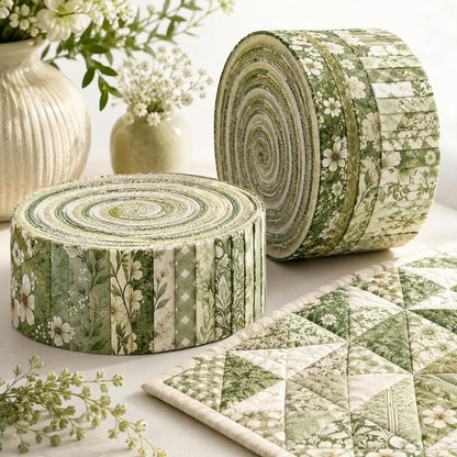 10pcs Vintage Green Floral Pattern Jelly Roll Fabric Strips 2.5X19.7inch Pre-Cut 100% Polyester For Patchwork Quilts, Table Runners, Placemats, Tote Bags, Storage Pouches, Makeup Bags, Coasters, Quilt Blocks & Binding
