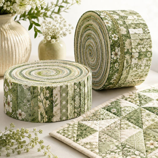 10pcs Vintage Green Floral Pattern Jelly Roll Fabric Strips 2.5X19.7inch Pre-Cut 100% Polyester For Patchwork Quilts, Table Runners, Placemats, Tote Bags, Storage Pouches, Makeup Bags, Coasters, Quilt Blocks & Binding