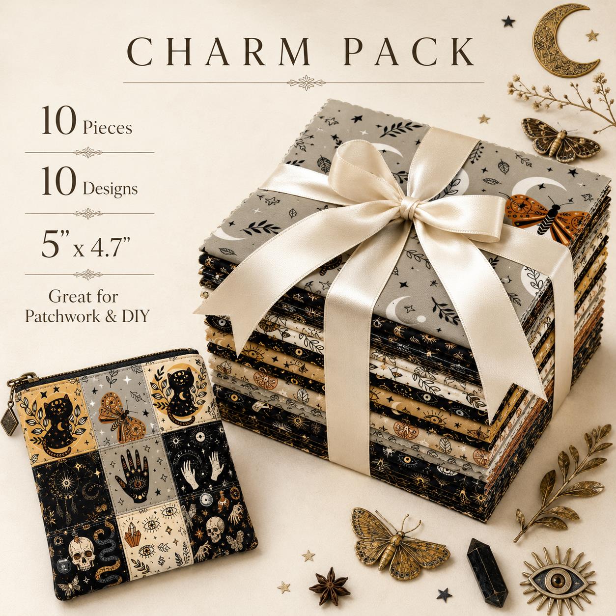 10pcs Charm Pack Set Cat Hand Skull Vintage Style Pattern Handmade DIY with Rich Color and Texture Elements 100% Polyester Patchwork in 10 Design Styles Suitable for Patchwork DIY Craft Projects DIY Wallet Making Gift Giving Bag Making Mother's Day Gift