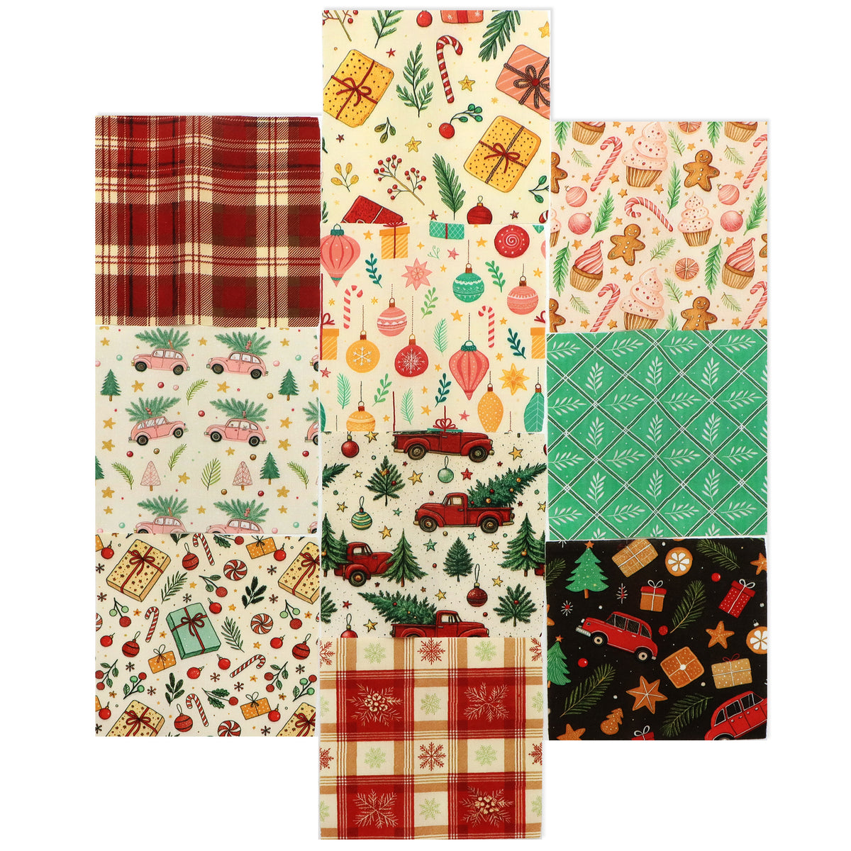 10Pc/Set Christmas Series Plaid Car Cake Tree Gift Crutch Fat Quarter Fabric, Pre-Cut Square Fabric Assort, Fabric Set, Craft Fabric, Handmade DIY Patchwork Fabric,Home Quilting Sewing Fabric, Packaging Fabric, Scrapbooking Craft Hobbyist