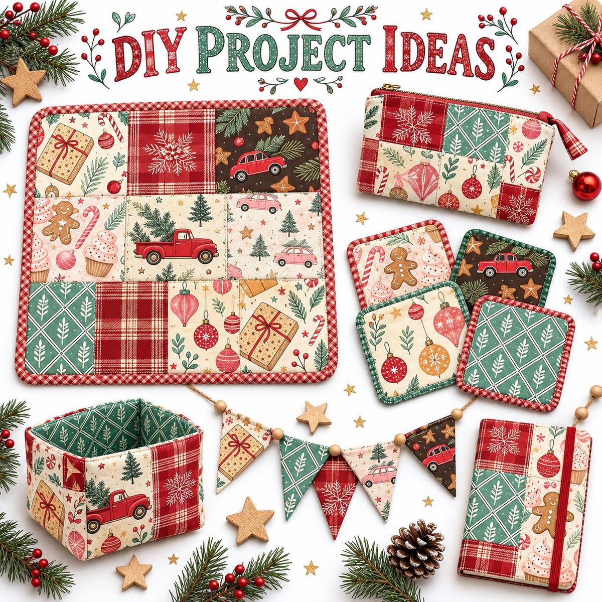 10Pc/Set Christmas Series Plaid Car Cake Tree Gift Crutch Fat Quarter Fabric, Pre-Cut Square Fabric Assort, Fabric Set, Craft Fabric, Handmade DIY Patchwork Fabric,Home Quilting Sewing Fabric, Packaging Fabric, Scrapbooking Craft Hobbyist