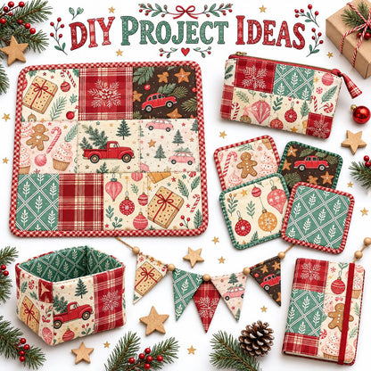 10Pc/Set Christmas Series Plaid Car Cake Tree Gift Crutch Fat Quarter Fabric, Pre-Cut Square Fabric Assort, Fabric Set, Craft Fabric, Handmade DIY Patchwork Fabric,Home Quilting Sewing Fabric, Packaging Fabric, Scrapbooking Craft Hobbyist