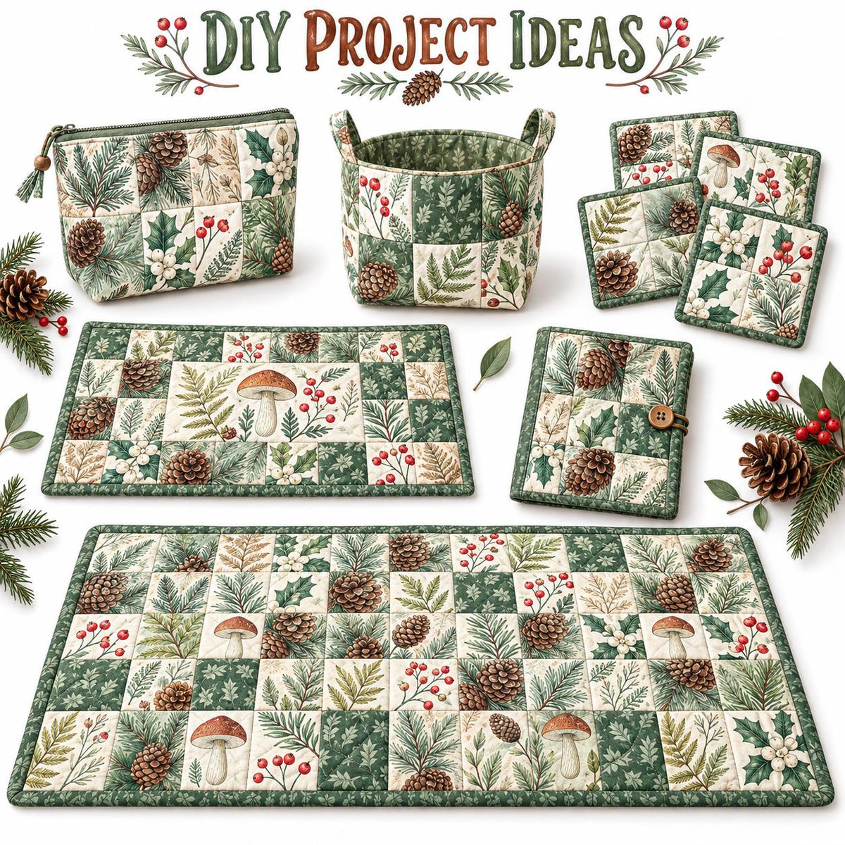 10Pc/Set Christmas Series Tree Mushroom Holly Pinecones Fat Quarter Fabric, Pre-Cut Square Fabric Assort, Fabric Set, Craft Fabric, Handmade DIY Patchwork Fabric,Home Quilting Sewing Fabric, Packaging Fabric, Scrapbooking Craft Hobbyist