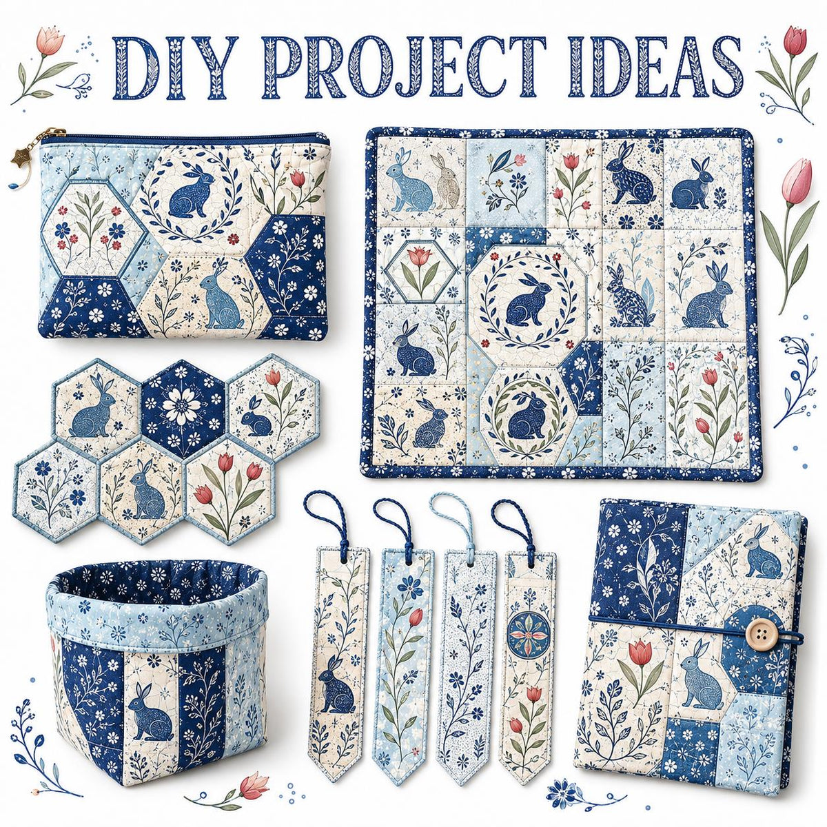 10pcs Charm Pack Set Floral Rabbit Vintage Style Pattern Handmade DIY with Rich Color and Texture Elements 100% Polyester Patchwork in 10 Design Styles Suitable for Patchwork DIY Craft Projects DIY Wallet Making Gift Giving Bag Making Mother's Day Gift