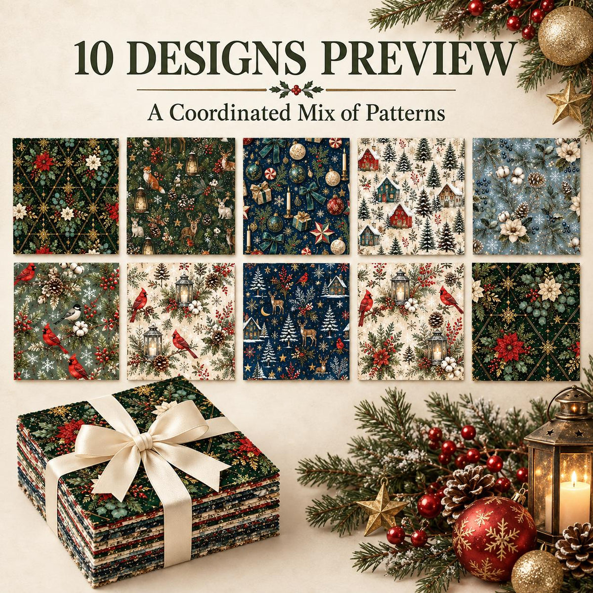 10Pc/Set Christmas Series Bowknot Flower Rabbit Northern Cardinal Deer Holly Pinecones Fox Fat Quarter Fabric, Pre-Cut Square Fabric Assort, Fabric Set, Craft Fabric, Handmade DIY Patchwork Fabric,Home Quilting Sewing Fabric, Packaging Fabric, Scrapbookin