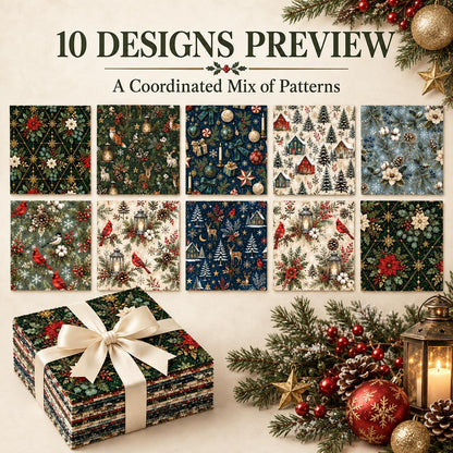 10Pc/Set Christmas Series Bowknot Flower Rabbit Northern Cardinal Deer Holly Pinecones Fox Fat Quarter Fabric, Pre-Cut Square Fabric Assort, Fabric Set, Craft Fabric, Handmade DIY Patchwork Fabric,Home Quilting Sewing Fabric, Packaging Fabric, Scrapbookin