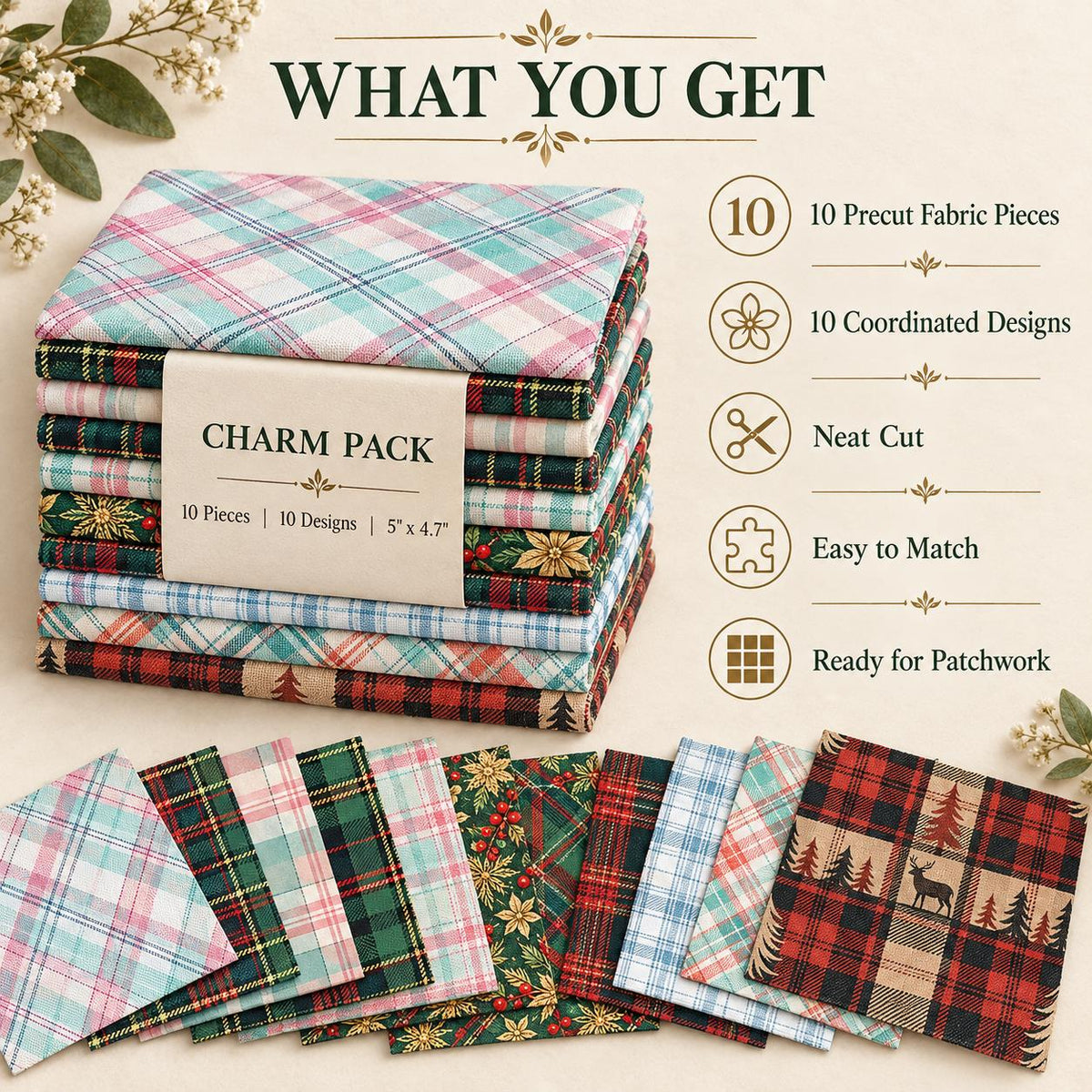 10Pc/Set Christmas Plaid Series Tree Deer Deer Fat Quarter Fabric, Pre-Cut Square Fabric Assort, Fabric Set, Craft Fabric, Handmade DIY Patchwork Fabric,Home Quilting Sewing Fabric, Packaging Fabric, Scrapbooking Craft Hobbyist