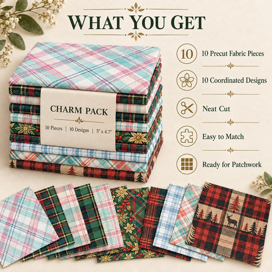 10Pc/Set Christmas Plaid Series Tree Deer Deer Fat Quarter Fabric, Pre-Cut Square Fabric Assort, Fabric Set, Craft Fabric, Handmade DIY Patchwork Fabric,Home Quilting Sewing Fabric, Packaging Fabric, Scrapbooking Craft Hobbyist