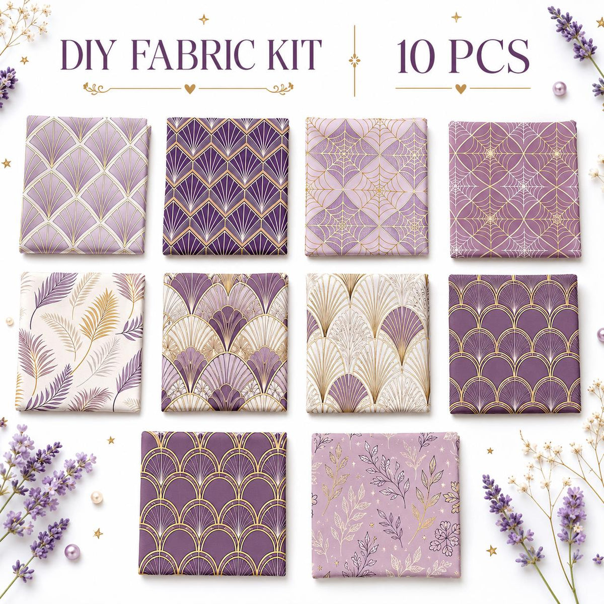 10Pc/Set Purple Series Stripe Leaves Spider Web Fat Quarter Fabric, Pre-Cut Square Fabric Assort, Fabric Set, Craft Fabric, Handmade DIY Patchwork Fabric,Home Quilting Sewing Fabric, Packaging Fabric, Scrapbooking Craft Hobbyist
