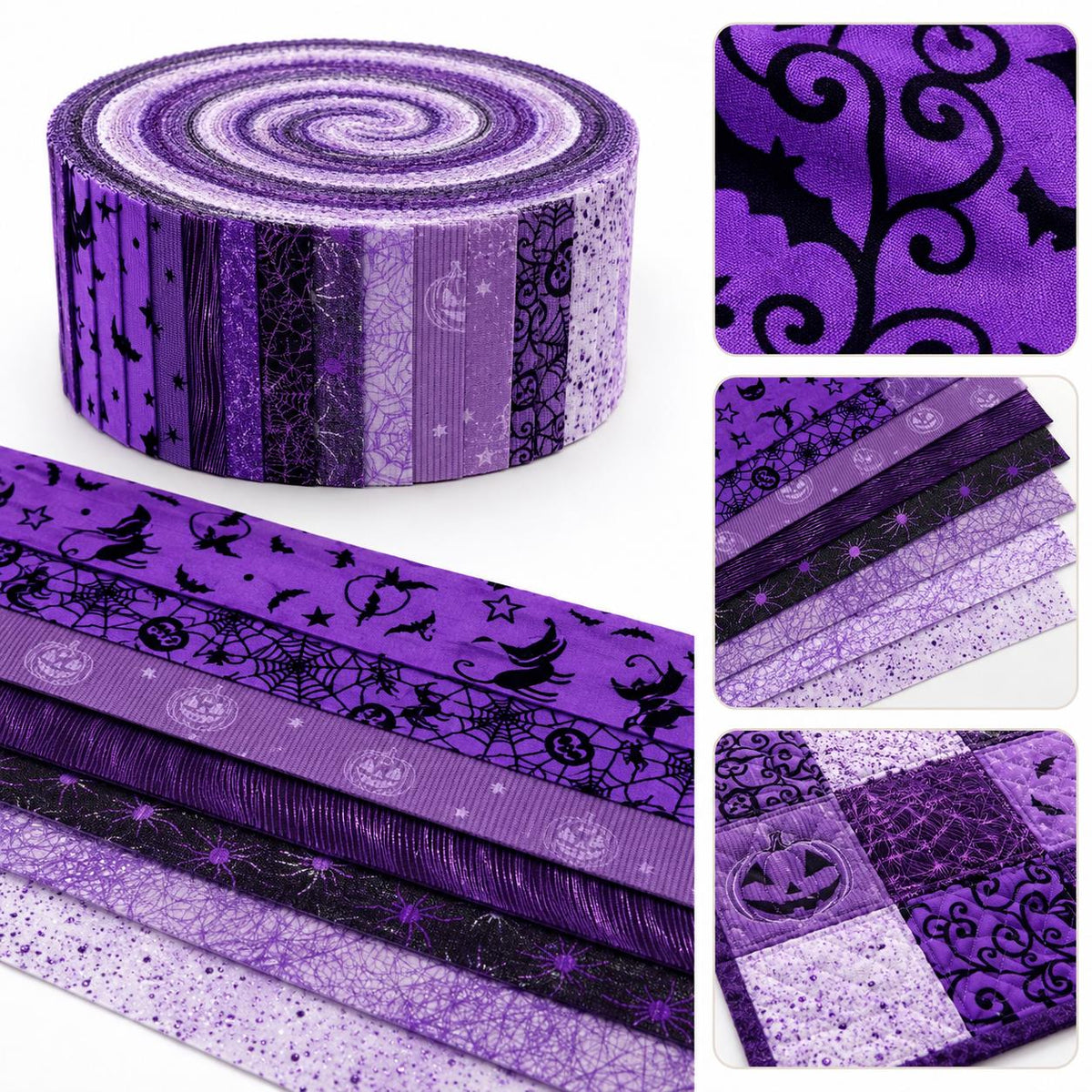 10pcs/Set, Making 10 Images 1pc Each, Each Size: 2.48*19.69inch Pumpkin Spider Plain Purple Halloween Pattern Sliced Fabric Set Style Combination, Polyester Jelly Roll Fabric Strips, Pre-Cut Quilting Squares, for Quilting DIY, Handicrafts And Sewing, Blan