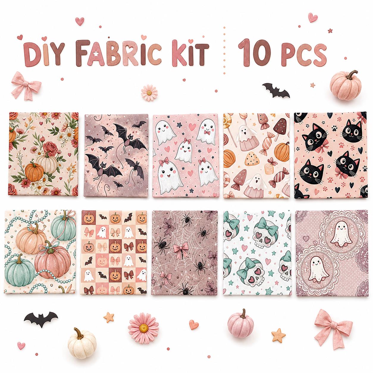 10pcs Charm Pack Set  Bat Ghost Halloween Vintage Style Pattern Handmade DIY with Rich Color and Texture Elements 100% Polyester Patchwork in 10 Design Styles Suitable for Patchwork DIY Craft Projects DIY Wallet Making Gift Giving Bag Making