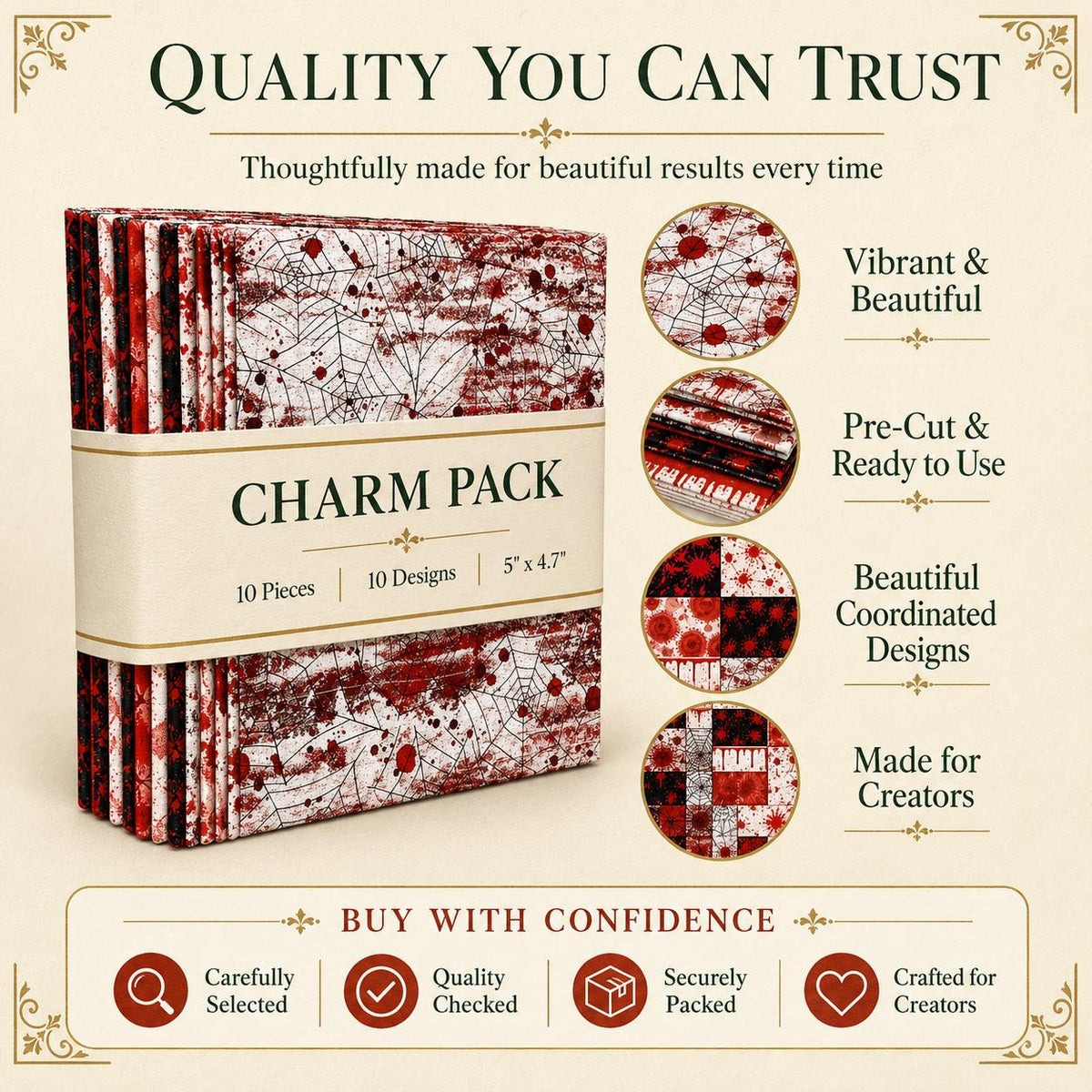 10pcs Charm Pack Set Blood Halloween Pattern Vintage Style Handmade DIY with Rich Color and Texture Elements 100% Polyester Patchwork in 10 Design Styles Suitable for Patchwork DIY Craft Projects DIY Wallet Making Gift Giving Bag Making Mother's Day Gift