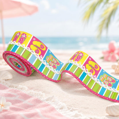 5 Yards Summer Slippers Stripe Print Ribbon, Width 32mm/1.26-Inch, Two Ribbon Equipped with White Center Hook Edge, Ideal for Showcasing Jewelry And Wrapping Gifts, Creating Bows, Holiday Decorations