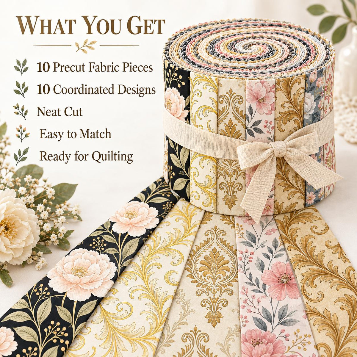 10pcs Vintage Floral Burgundy Pattern Jelly Roll Fabric Strips 2.5X19.7inch Pre-Cut 100% Polyester For Patchwork Quilts, Table Runners, Placemats, Tote Bags, Storage Pouches, Makeup Bags, Coasters, Quilt Blocks & Binding