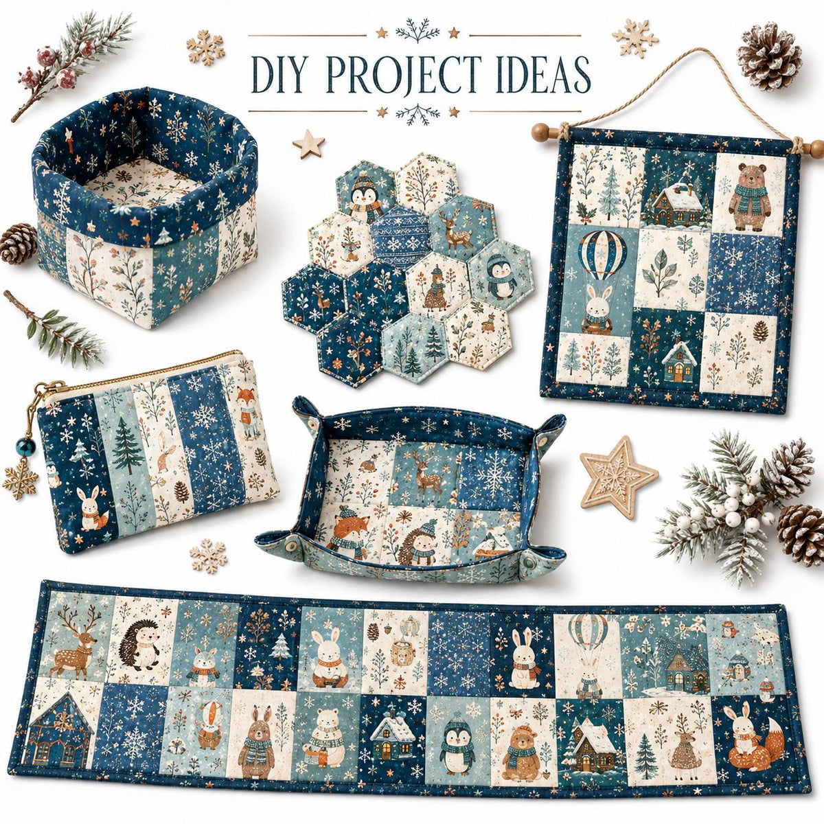 10Pc/Set Christmas Series Heart Star Rabbit Deer Fox Penguin Bear Holly Pinecones Seal Fire Balloon Fat Quarter Fabric, Pre-Cut Square Fabric Assort, Fabric Set, Craft Fabric, Handmade DIY Patchwork Fabric,Home Quilting Sewing Fabric, Packaging Fabric, Sc
