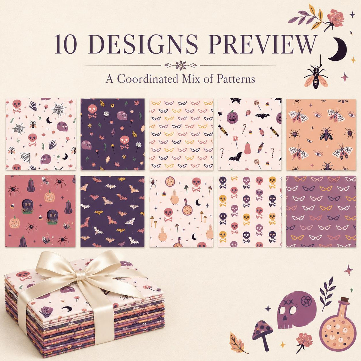 10pcs Charm Pack Set Bat Skull Spider Halloween Pattern Vintage Style Handmade DIY with Rich Color and Texture Elements 100% Polyester Patchwork in 10 Design Styles Suitable for Patchwork DIY Craft Projects DIY Wallet Making Gift Giving Bag Making Mother'