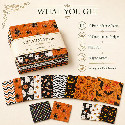 10pcs Charm Pack Set Pumpkin Bat Ghost Halloween Pattern Vintage Style Handmade DIY with Rich Color and Texture Elements 100% Polyester Patchwork in 10 Design Styles Suitable for Patchwork DIY Craft Projects DIY Wallet Making Gift Giving Bag Making Mother