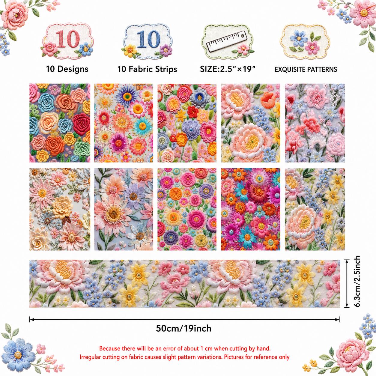 Floral Jelly Roll Quilt Fabric - 10pcs 2.5x19 Inch Polyester Strips For Sewing, Patchwork & Crafting - Precut Fabric Set For DIY Quilting, Table Runners, Storage Pouches, Makeup Bags & Home Decor, Mother'S Day Gift, Birthday Gift For Mom