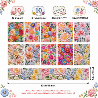 Floral Jelly Roll Quilt Fabric - 10pcs 2.5x19 Inch Polyester Strips For Sewing, Patchwork & Crafting - Precut Fabric Set For DIY Quilting, Table Runners, Storage Pouches, Makeup Bags & Home Decor, Mother'S Day Gift, Birthday Gift For Mom