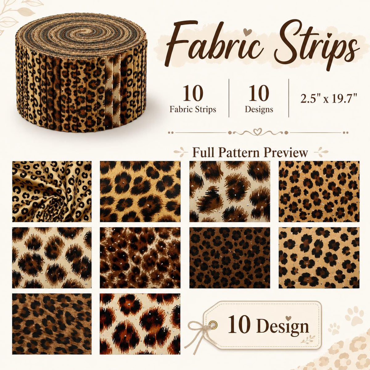 10pcs/Set, Making 10 Images 1pc Each, Each Size: 2.48*19.69inch Plain Leopard Pattern Sliced Fabric Set Style Combination, Polyester Jelly Roll Fabric Strips, Pre-Cut Quilting Squares, for Quilting DIY, Handicrafts And Sewing, Blankets, Rugs