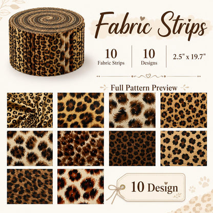 10pcs/Set, Making 10 Images 1pc Each, Each Size: 2.48*19.69inch Plain Leopard Pattern Sliced Fabric Set Style Combination, Polyester Jelly Roll Fabric Strips, Pre-Cut Quilting Squares, for Quilting DIY, Handicrafts And Sewing, Blankets, Rugs