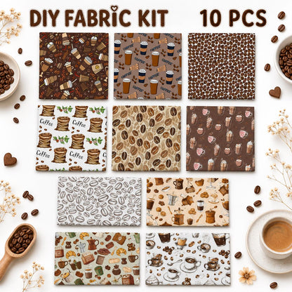 10Pc/Set Coffee Beans Series Leaves Drinks Fat Quarter Fabric, Pre-Cut Square Fabric Assort, Fabric Set, Craft Fabric, Handmade DIY Patchwork Fabric,Home Quilting Sewing Fabric, Packaging Fabric, Scrapbooking Craft Hobbyist