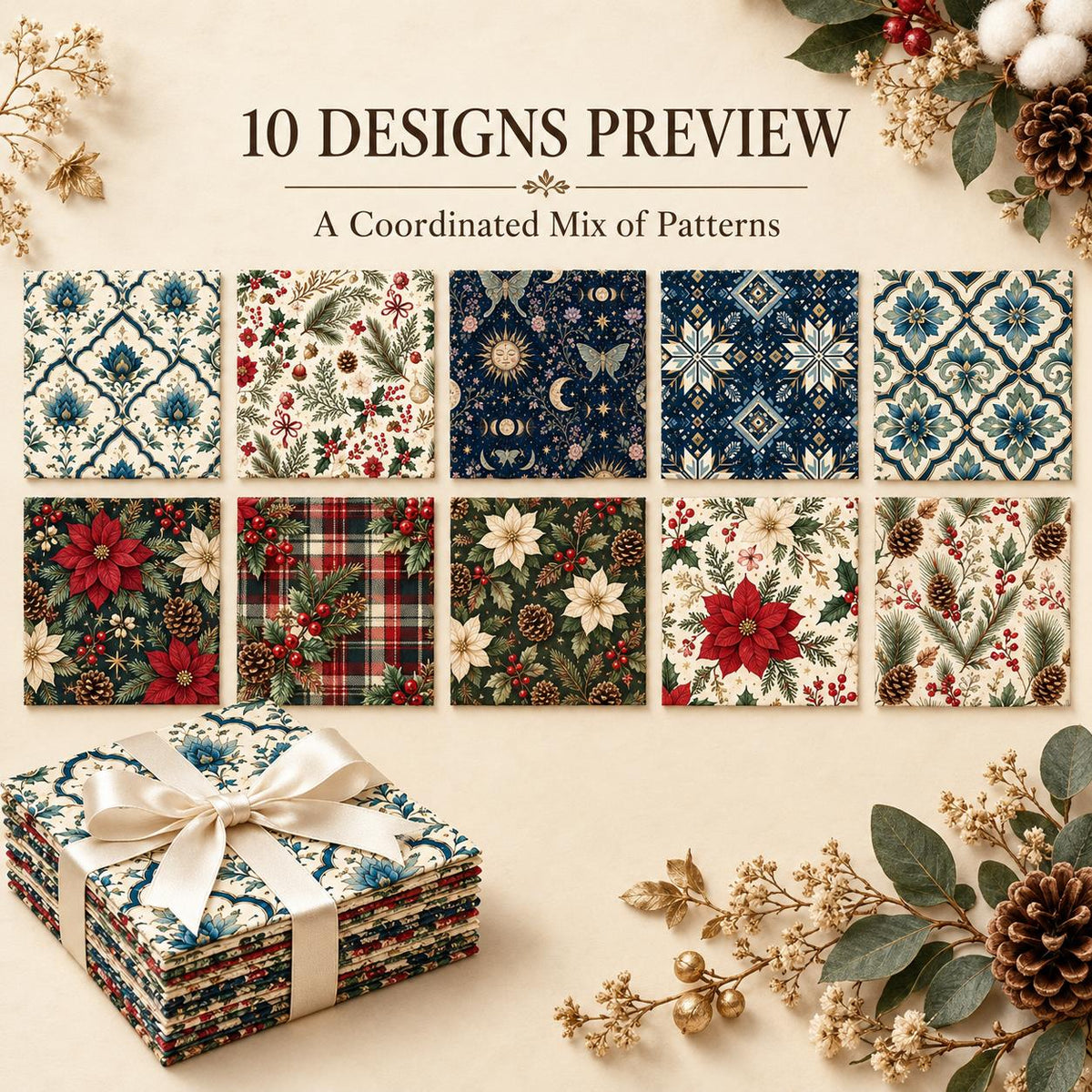 10Pc/Set Christmas Flower Series Plaid Tree Holly Pinecones Fat Quarter Fabric, Pre-Cut Square Fabric Assort, Fabric Set, Craft Fabric, Handmade DIY Patchwork Fabric,Home Quilting Sewing Fabric, Packaging Fabric, Scrapbooking Craft Hobbyist