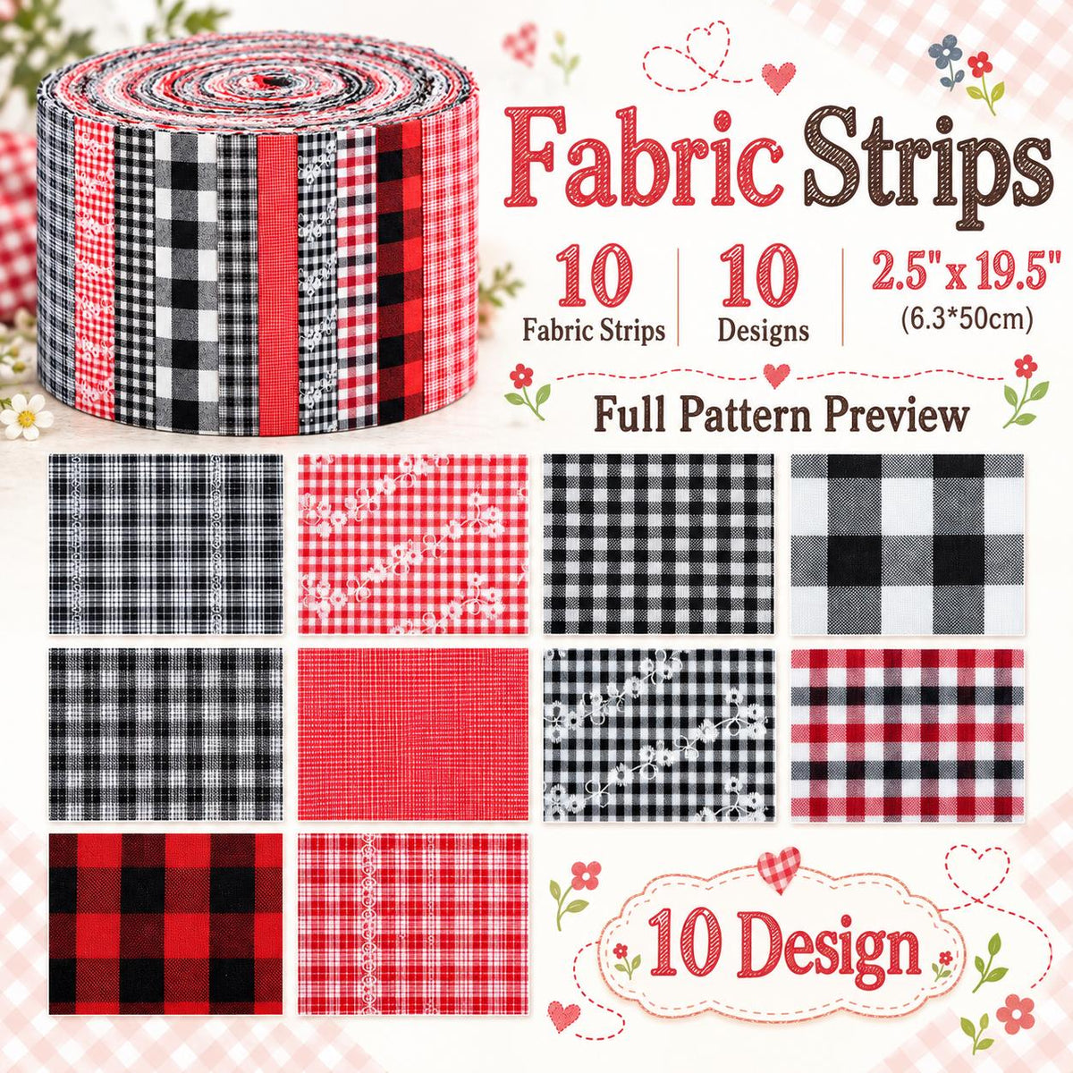 10pcs Vintage Plaid Red & Black Pattern Jelly Roll Fabric Strips 2.5X19.7inch Pre-Cut 100% Polyester For Patchwork Quilts, Table Runners, Placemats, Tote Bags, Storage Pouches, Makeup Bags, Coasters, Quilt Blocks & Binding