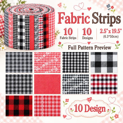 10pcs Vintage Plaid Red & Black Pattern Jelly Roll Fabric Strips 2.5X19.7inch Pre-Cut 100% Polyester For Patchwork Quilts, Table Runners, Placemats, Tote Bags, Storage Pouches, Makeup Bags, Coasters, Quilt Blocks & Binding