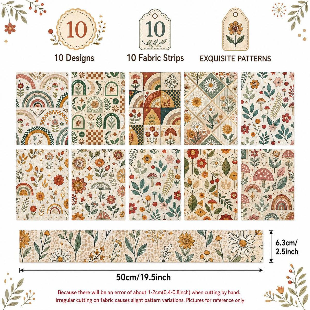 10pcs Vintage Floral Pattern Jelly Roll Fabric Strips 2.5X19.7inch Pre-Cut 100% Polyester For Patchwork Quilts, Table Runners, Placemats, Tote Bags, Storage Pouches, Makeup Bags, Coasters, Quilt Blocks & Binding