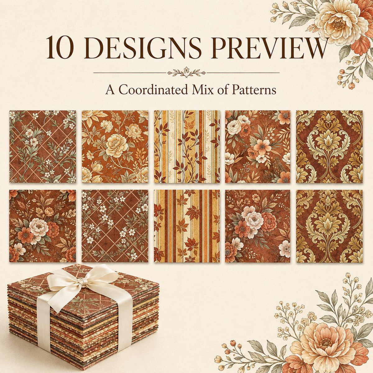 10Pc/Set Autumn Stripe Flower Series Fat Quarter Fabric, Pre-Cut Square Fabric Assort, Fabric Set, Craft Fabric, Handmade DIY Patchwork Fabric,Home Quilting Sewing Fabric, Packaging Fabric, Scrapbooking Craft Hobbyist