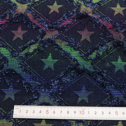 1Pc Plaid Grid Star Pattern Distressed Denim Fabric with Tassels,68.5x19.68inch Pre-cut 100% Polyester Fabric,Luxury Vintage Style,Hand Wash Only,Ideal for DIY Crafts, Bags & Sewing Projects,Hats,Sewing Supplies for Crafts