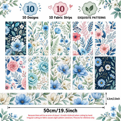 10pcs Vintage Floral Pattern Jelly Roll Fabric Strips 2.5X19.7inch Pre-Cut 100% Polyester For Patchwork Quilts, Table Runners, Placemats, Tote Bags, Storage Pouches, Makeup Bags, Coasters, Quilt Blocks & Binding