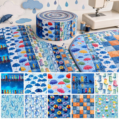10Pc/Set, Making 10 Images 1pc Each, Each Size: 6.3*50cm Cat Bottle Raining Umbrella Blue Series Sliced Fabric Set Style Combination, Polyester Jelly Roll Fabric Strips, Pre-Cut Quilting Squares, For Quilting DIY, Handicrafts And Sewing, Blankets, Rugs