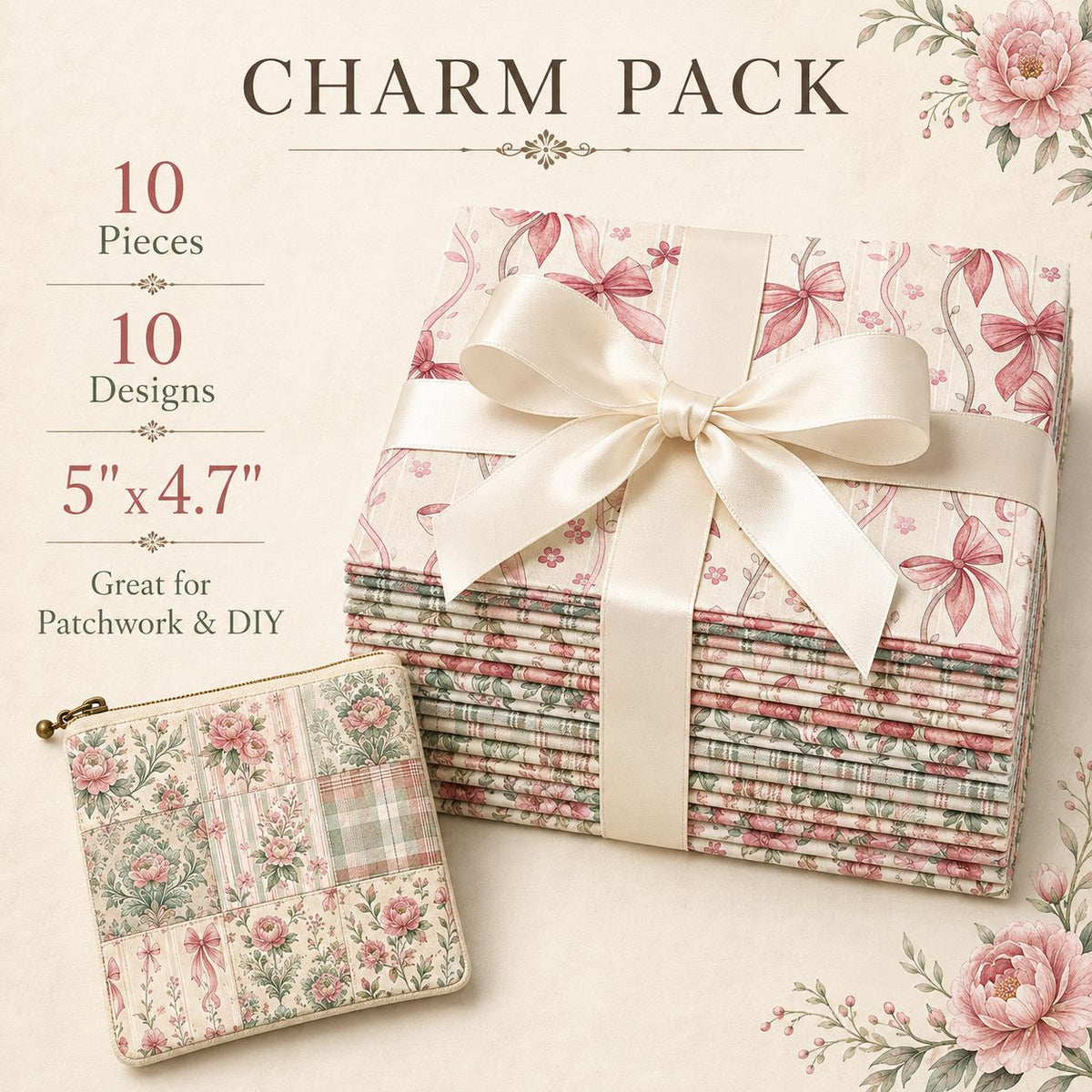 10pcs Charm Pack Set Floral Pattern 100% Polyester Patchwork in 10 Design Styles, Ready-to-Sew Without Cutting, Suitable For Patchwork Wallet Making Gift Giving Tote Bags Coasters DIY Craft Projects For Mother's Gift