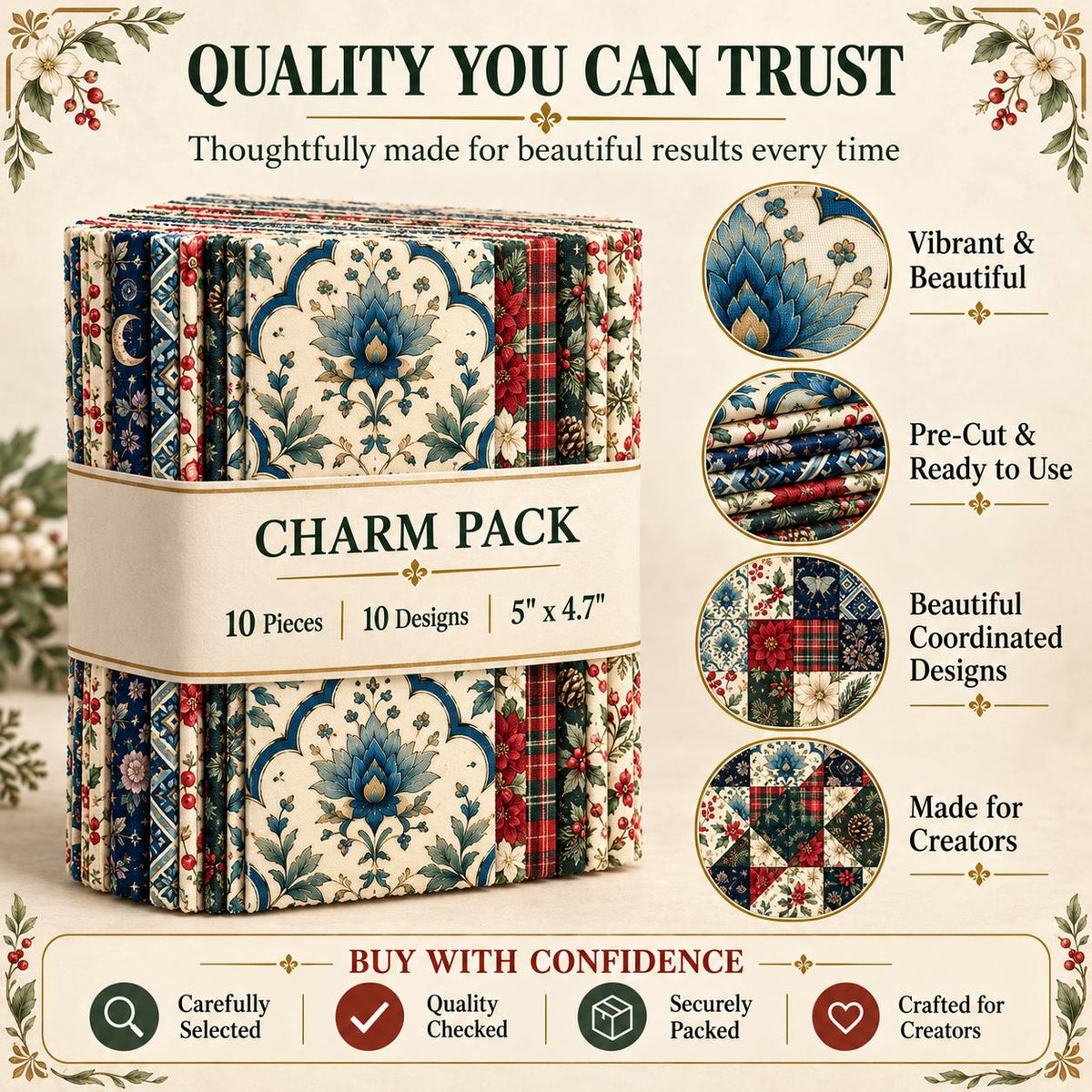 10Pc/Set Christmas Flower Series Plaid Tree Holly Pinecones Fat Quarter Fabric, Pre-Cut Square Fabric Assort, Fabric Set, Craft Fabric, Handmade DIY Patchwork Fabric,Home Quilting Sewing Fabric, Packaging Fabric, Scrapbooking Craft Hobbyist