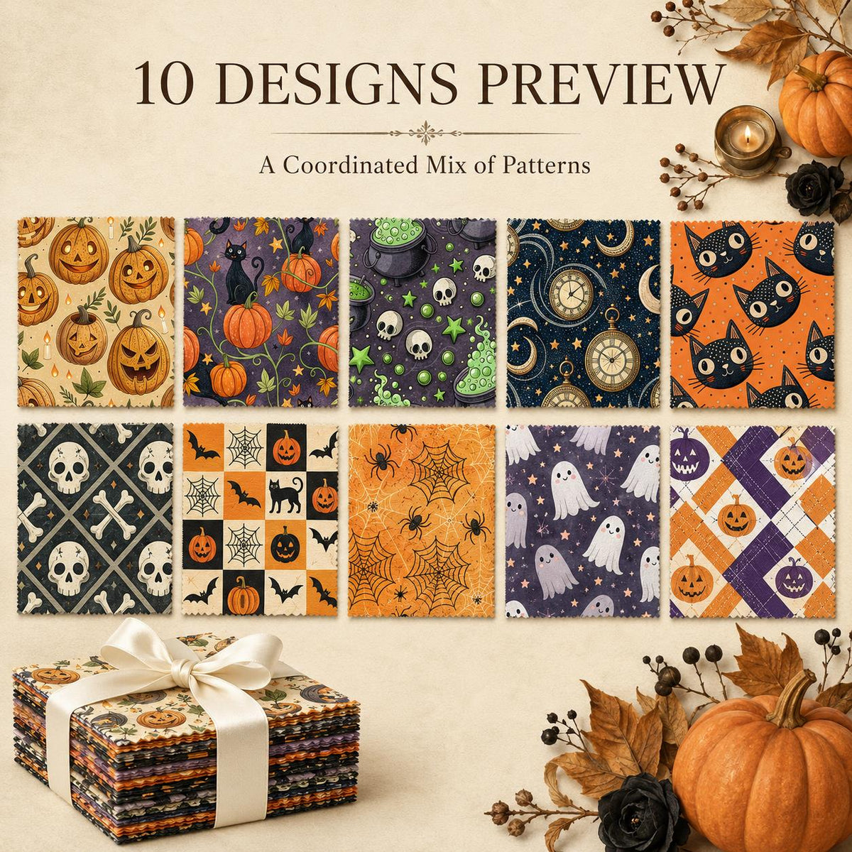 10pcs Charm Pack Set Bat Pumpkin Skull Cat Halloween Vintage Style Pattern Handmade DIY with Rich Color and Texture Elements 100% Polyester Patchwork in 10 Design Styles Suitable for Patchwork DIY Craft Projects DIY Wallet Making Gift Giving Bag Making