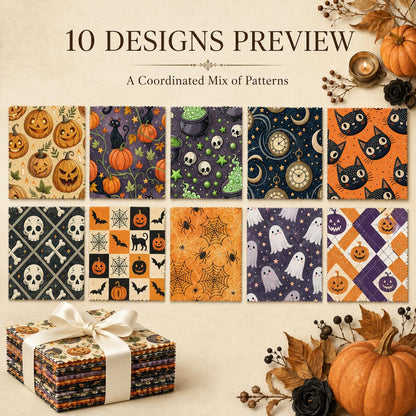 10pcs Charm Pack Set Bat Pumpkin Skull Cat Halloween Vintage Style Pattern Handmade DIY with Rich Color and Texture Elements 100% Polyester Patchwork in 10 Design Styles Suitable for Patchwork DIY Craft Projects DIY Wallet Making Gift Giving Bag Making