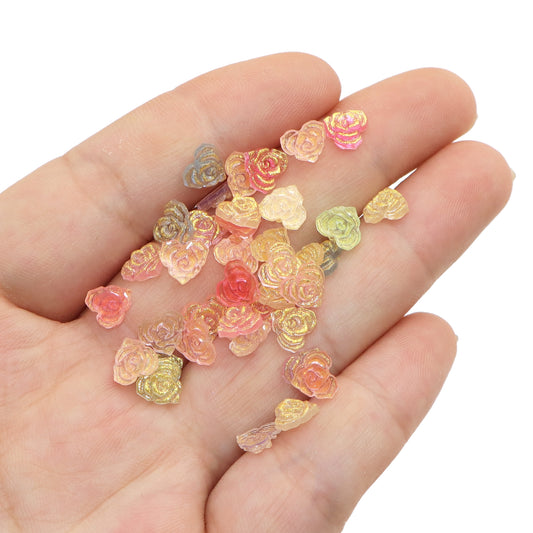 50Pcs Pearlescent Glitter Rose Flower Heart Nail Charms - Transparent Acrylic Beads, Flatback Skeleton Cabochons for DIY Nail Art & Craft Decorations