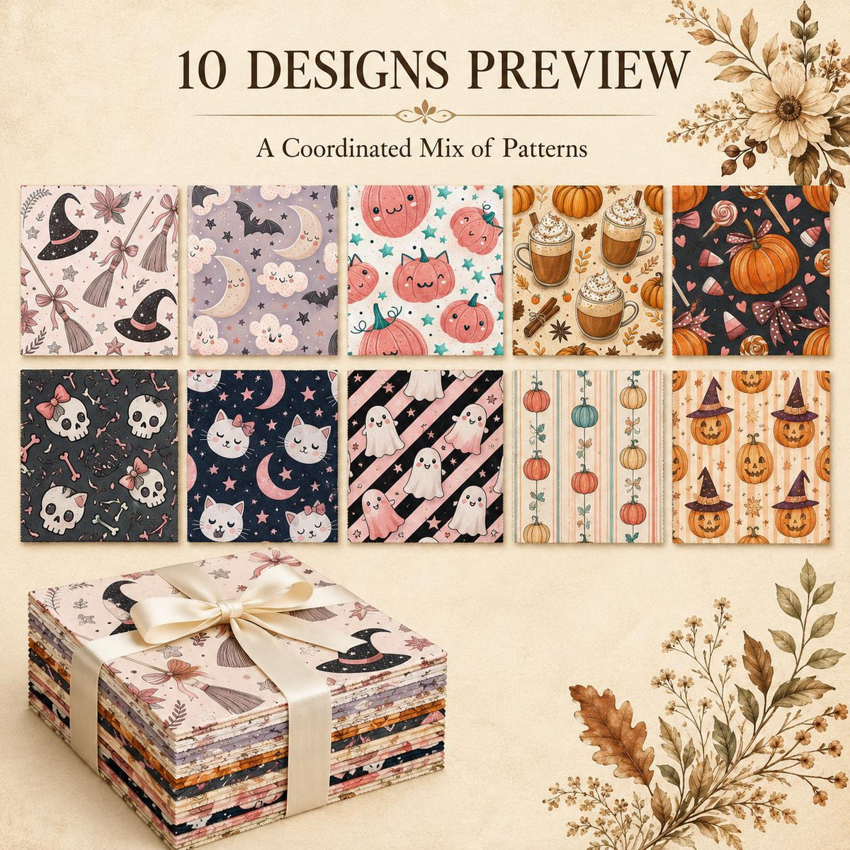 10Pc/Set Halloween Series Flower Pumpkin Skull Star Fat Quarter Fabric, Pre-Cut Square Fabric Assort, Fabric Set, Craft Fabric, Handmade DIY Patchwork Fabric,Home Quilting Sewing Fabric, Packaging Fabric, Scrapbooking Craft Hobbyist