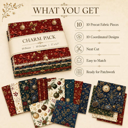 10pcs Charm Pack Set Christmas Pattern Vintage Style Handmade DIY with Rich Color and Texture Elements 100% Polyester Patchwork in 10 Design Styles Suitable for Patchwork DIY Craft Projects DIY Wallet Making Gift Giving Bag Making Mother's Day Gift