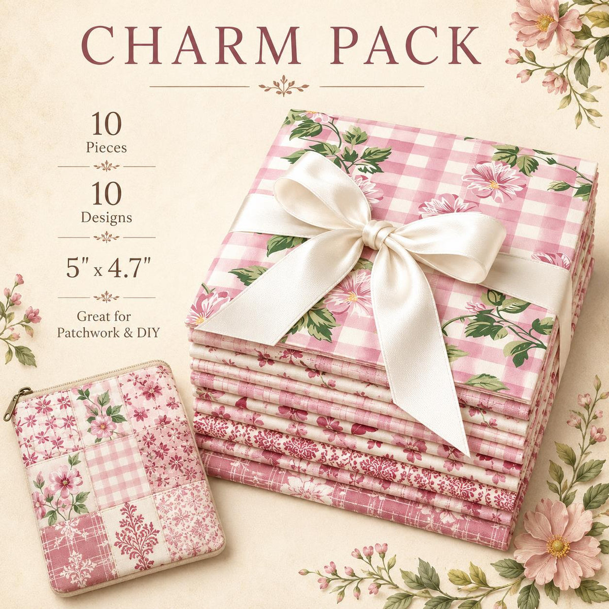10pcs Charm Pack Set Pink Flower Pattern Vintage Style Pattern Handmade DIY with Rich Color and Texture Elements 100% Polyester Patchwork in 10 Design Styles Suitable for Patchwork DIY Craft Projects DIY Wallet Making Gift Giving Bag Making Mother's Day G