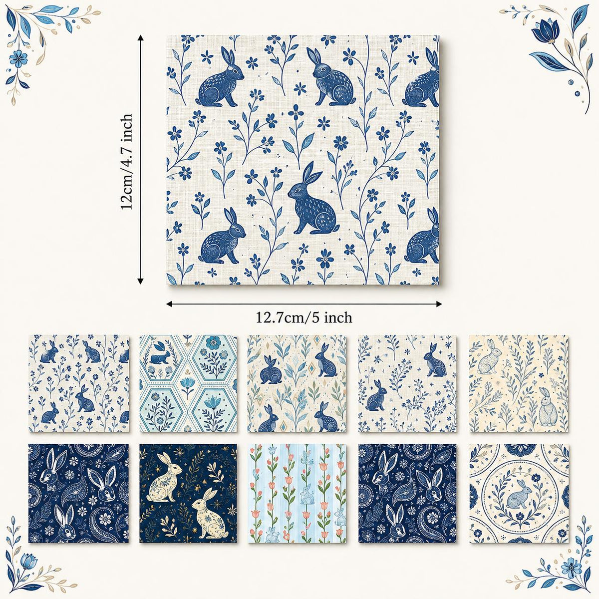 10pcs Charm Pack Set Floral Rabbit Vintage Style Pattern Handmade DIY with Rich Color and Texture Elements 100% Polyester Patchwork in 10 Design Styles Suitable for Patchwork DIY Craft Projects DIY Wallet Making Gift Giving Bag Making Mother's Day Gift