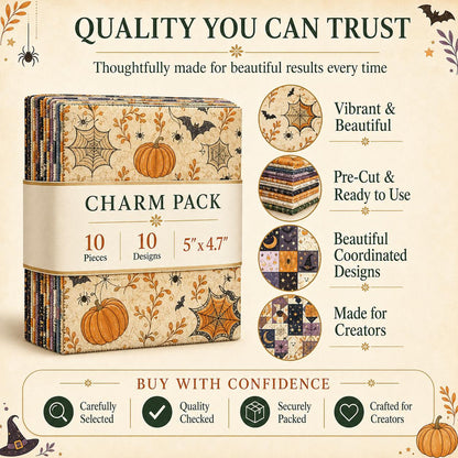 10pcs Charm Pack Set Bat Pumpkin Moon Halloween Vintage Style Pattern Handmade DIY with Rich Color and Texture Elements 100% Polyester Patchwork in 10 Design Styles Suitable for Patchwork DIY Craft Projects DIY Wallet Making Gift Giving Bag Making